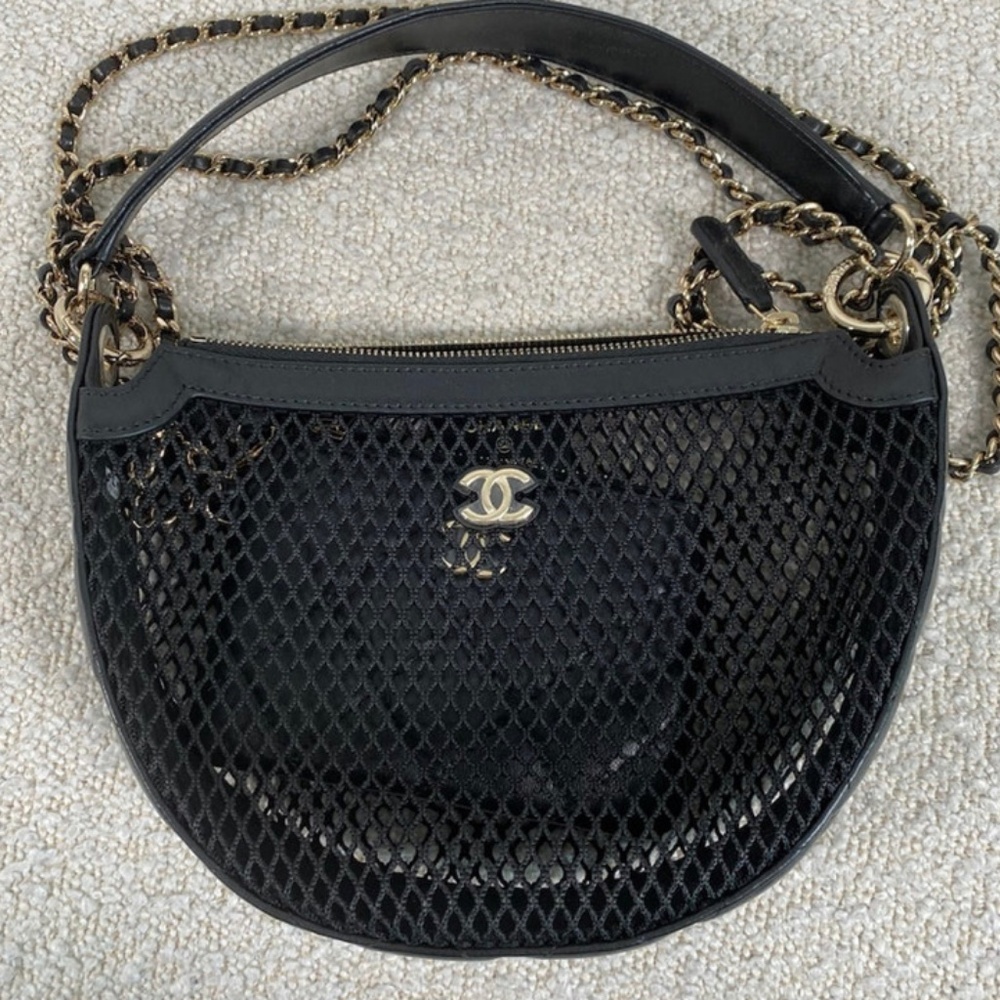 Authentic Chanel Mesh, Shiny Lambskin & Gold-Tone Metal Black Clutch On Chain